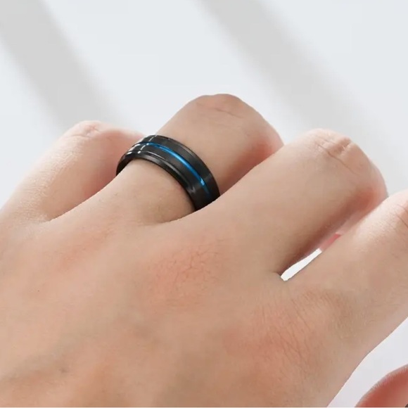Tungsten Carbide Black Blue Center Groove Beveled Edge Ring - Picture 9 of 10